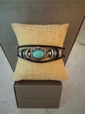 Turquoise Stone Leather Wrap Bracelet - Women's Blue Silver Accent